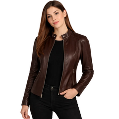 Woman wearing a brown leather jacket on a white background