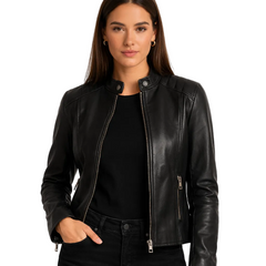 Woman wearing a black leather jacket on a white background