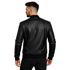 Man wearing a black leather jacket on a white background