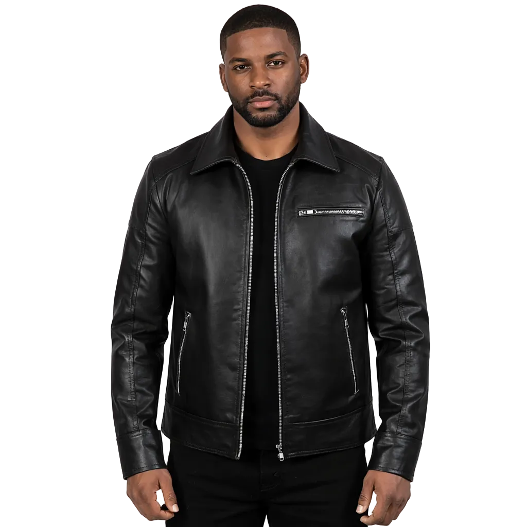 Man wearing a black leather jacket on a white background