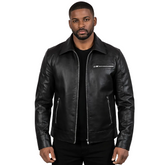 Man wearing a black leather jacket on a white background