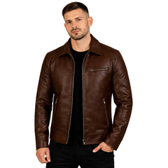 Man wearing a brown leather jacket on a white background