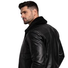Man wearing a black leather jacket on a white background