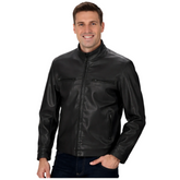 Man wearing a black leather jacket on a white background