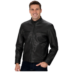 Man wearing a black leather jacket on a white background