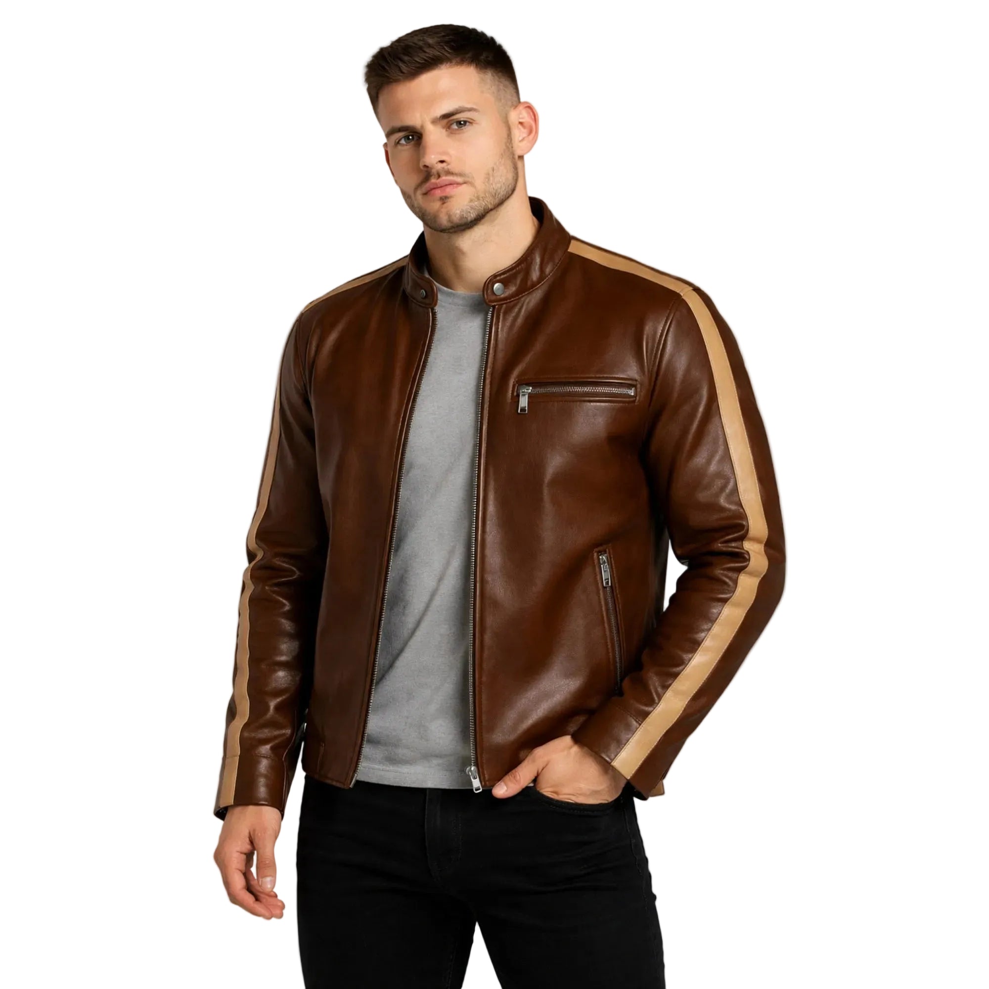Man wearing a brown leather jacket with beige accents on a white background
