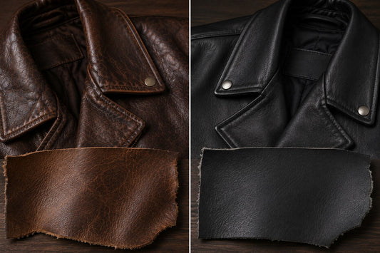Side-by-side comparison of full-grain leather vs top-grain leather textures showing natural patina and smooth finished surface