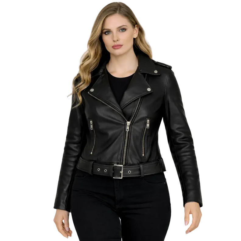 Woman wearing a black leather jacket and black pants on a white background