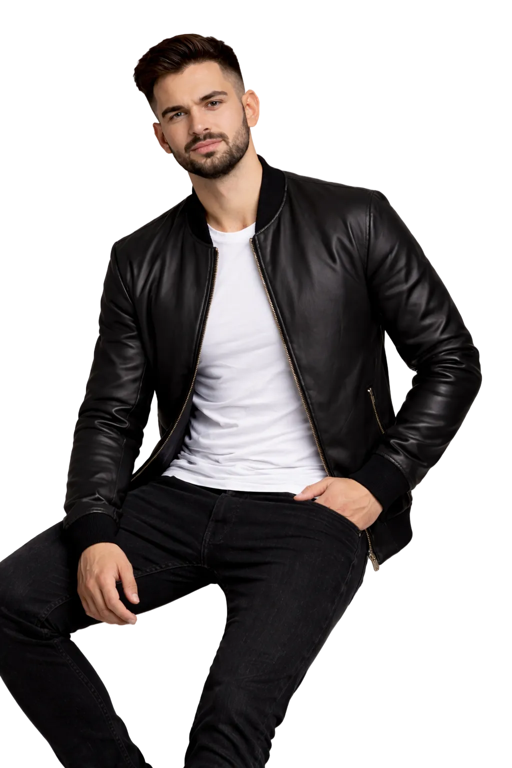 Man wearing a black leather jacket over a white shirt on a white background