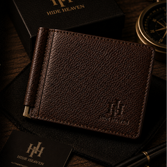 Hide Heaven Noir money clip wallet on a dark background with branding and product details.
