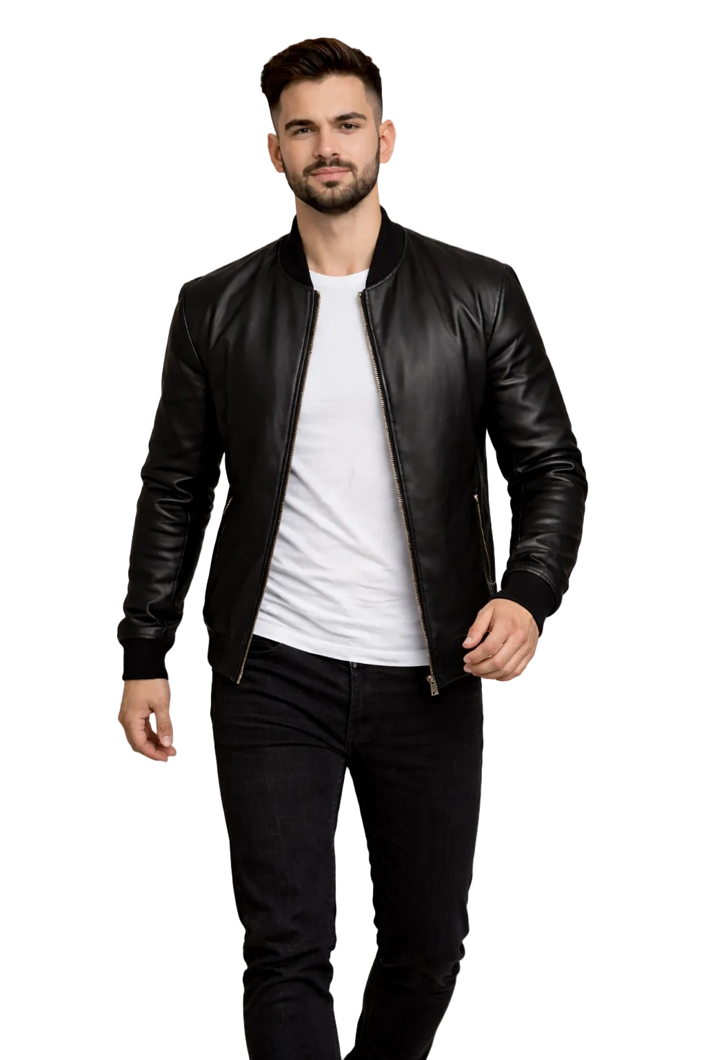 Man wearing a black leather jacket over a white shirt on a white background