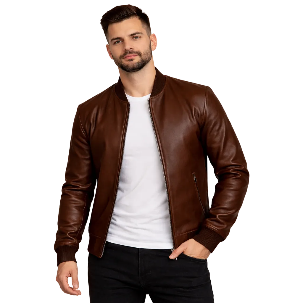 Man wearing a brown leather jacket on a white background