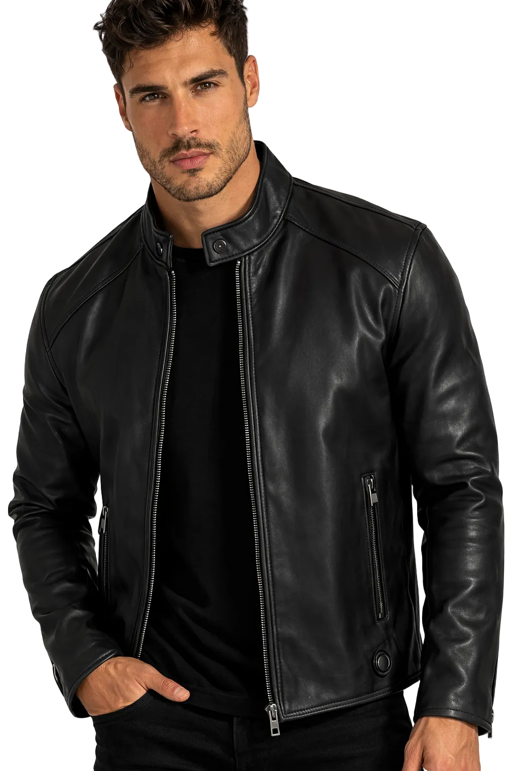 Man wearing a black leather jacket on a white background