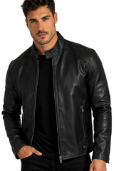 Man wearing a black leather jacket on a white background