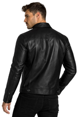 Man wearing a black leather jacket on a white background