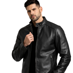 Man wearing a black leather jacket on a white background