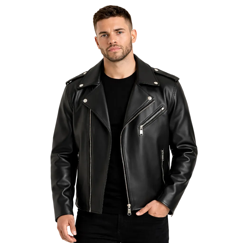 Man wearing a black leather jacket on a white background