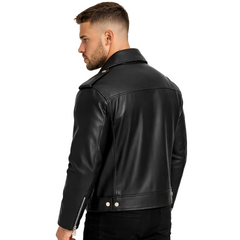 Man wearing a black leather jacket on a white background