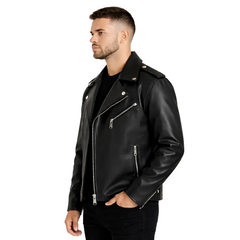 Man wearing a black leather jacket on a white background