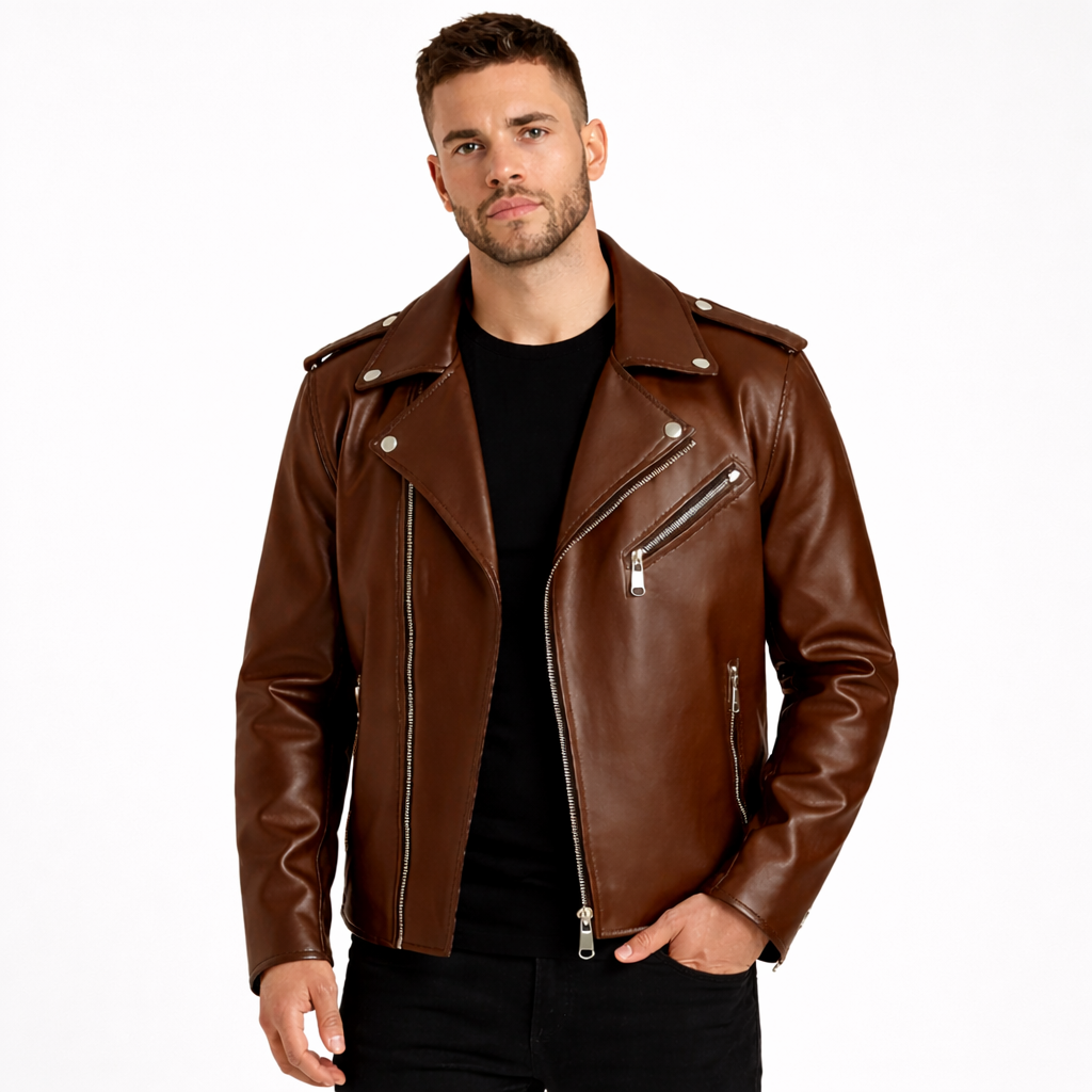 Man wearing a brown leather jacket on a white background