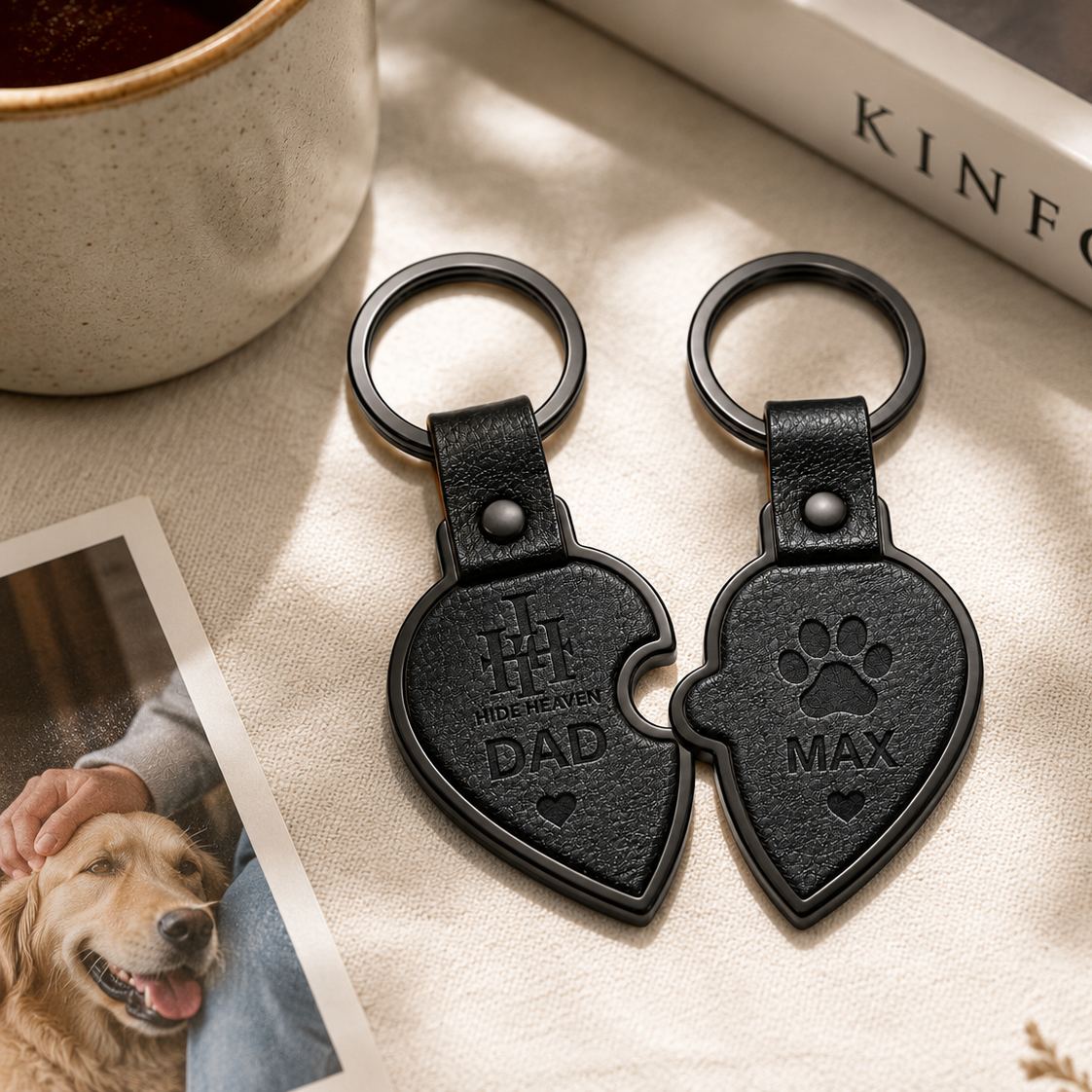 Two black leather keychains with engraved text on a light surface next to a book titled 'KINFOLK'.