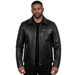 Man wearing a black leather jacket on a white background