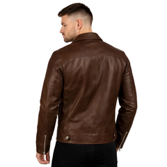 Man wearing a brown leather jacket on a white background
