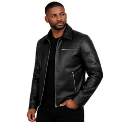 Man wearing a black leather jacket on a white background