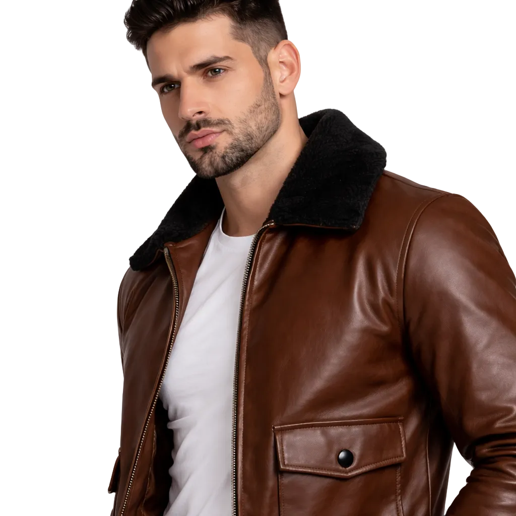 Man wearing a brown leather jacket with black fur lining on a white background