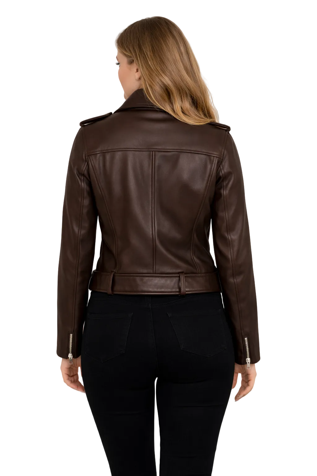 Brown leather jacket worn by a person on a white background