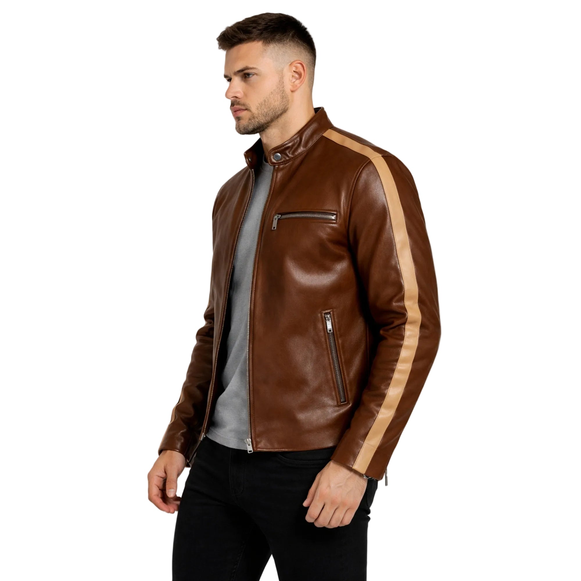 Man wearing a brown leather jacket with a white background