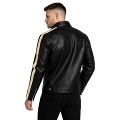 Man wearing a black leather jacket with a beige stripe on a white background