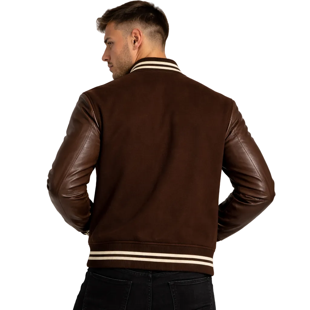 Man wearing a brown leather jacket with white stripes on a white background