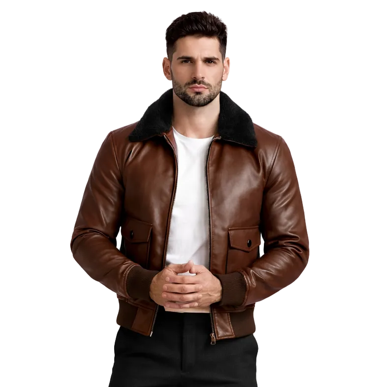 Man wearing a brown leather jacket with fur collar on a white background