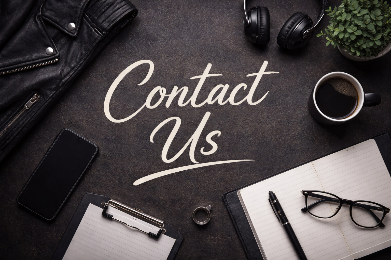 Desk with 'Contact Us' text, phone, notebook, glasses, and coffee cup.