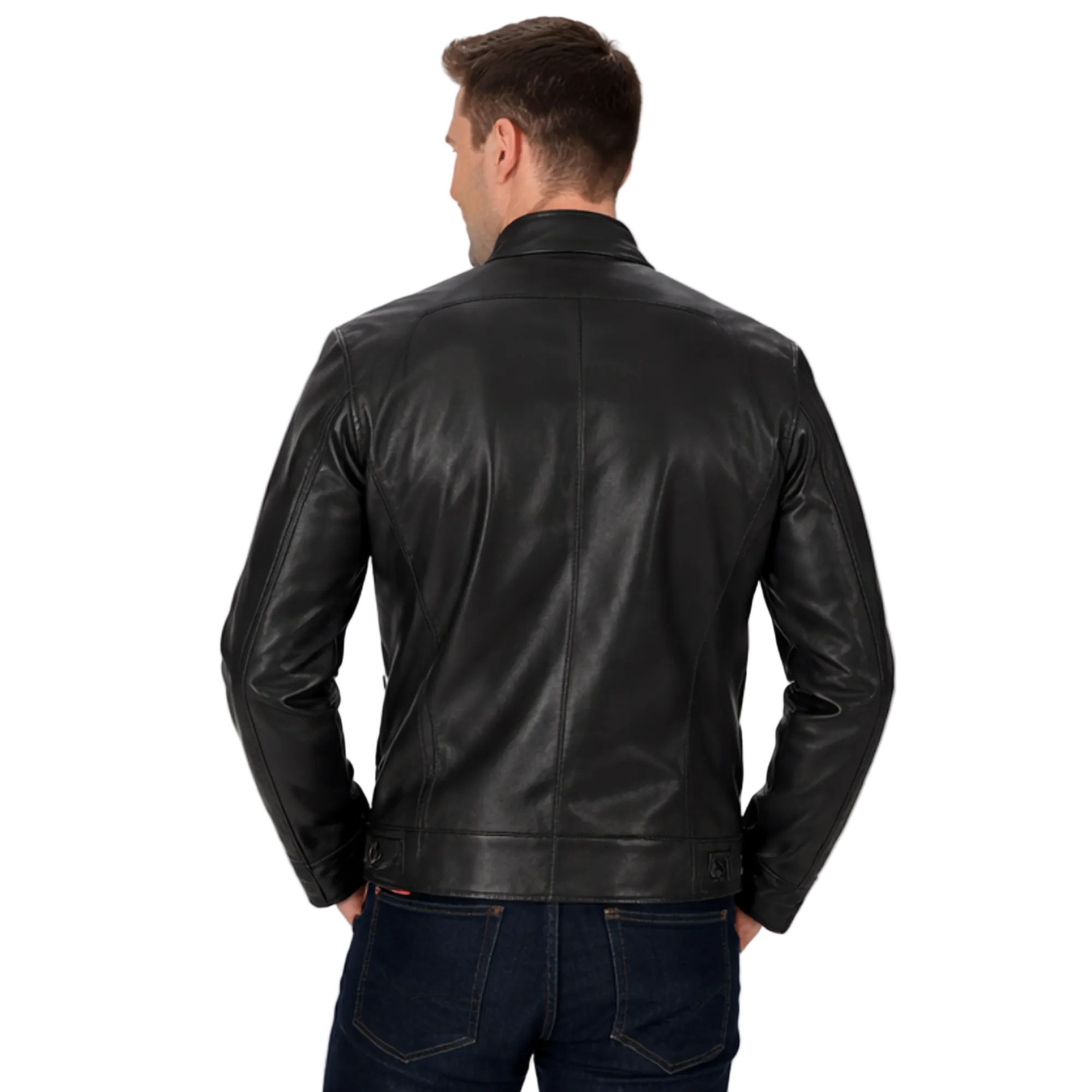 Man wearing a black leather jacket on a white background