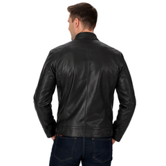 Man wearing a black leather jacket on a white background