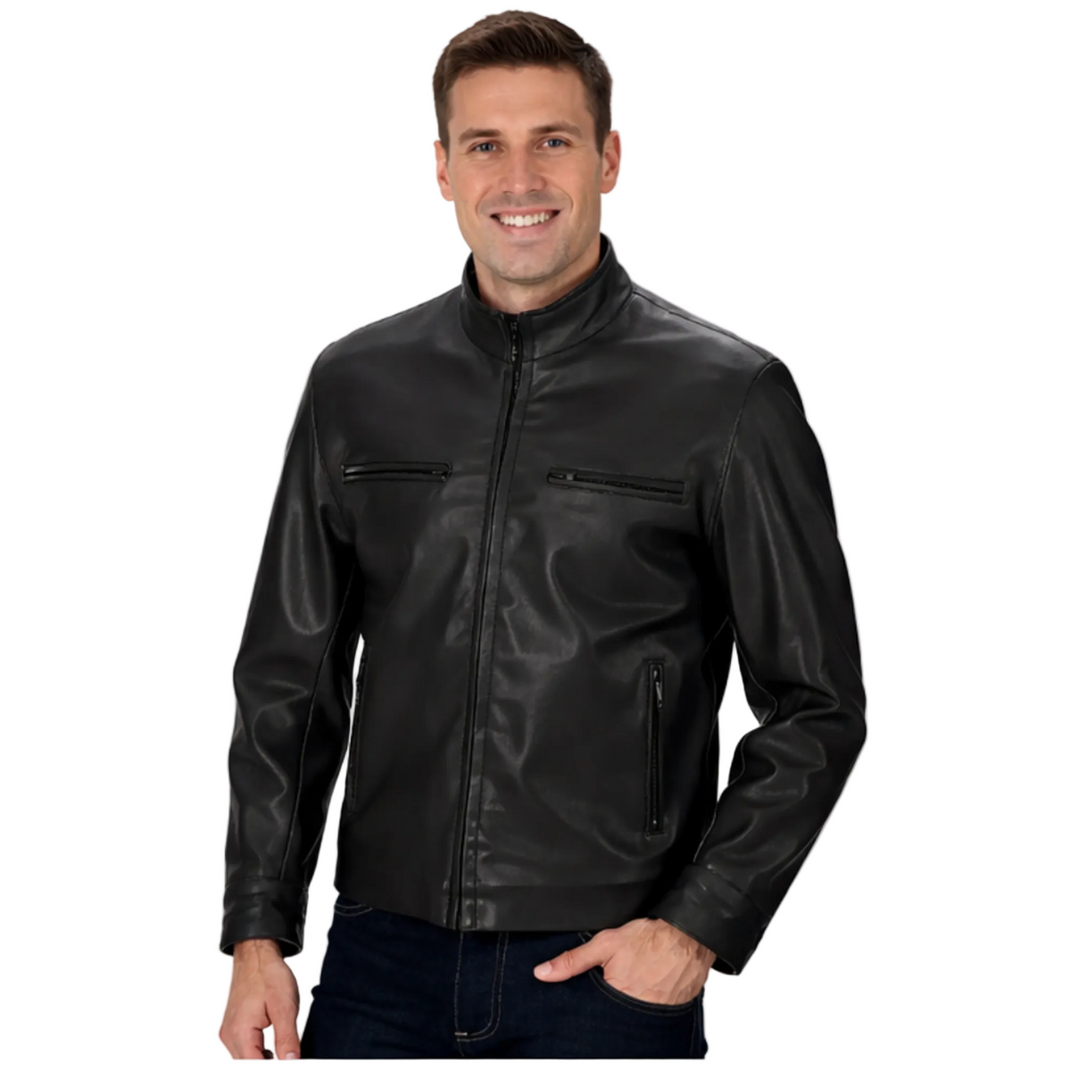 Man wearing a black leather jacket on a white background