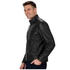 Man wearing a black leather jacket on a white background