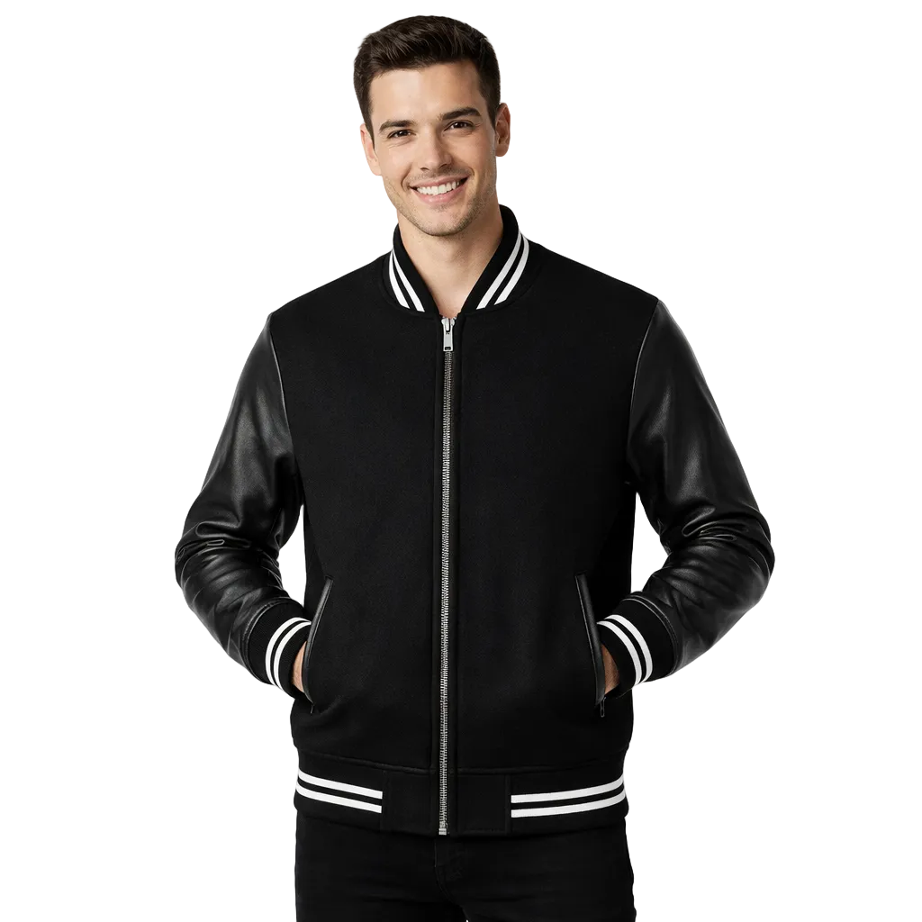 Man wearing a black bomber jacket with leather sleeves on a white background