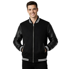 Man wearing a black bomber jacket with leather sleeves on a white background