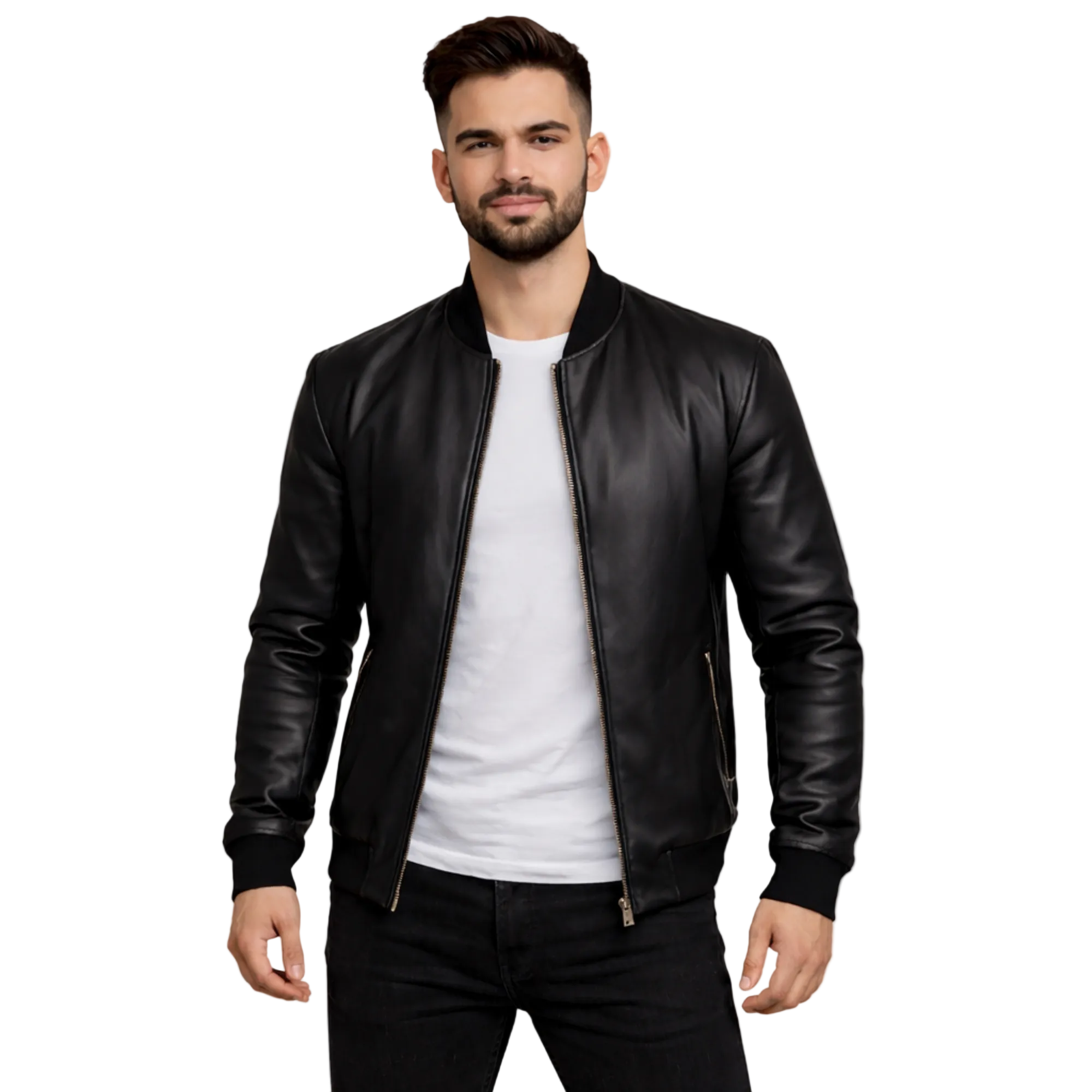 Man wearing a black leather jacket over a white shirt on a white background
