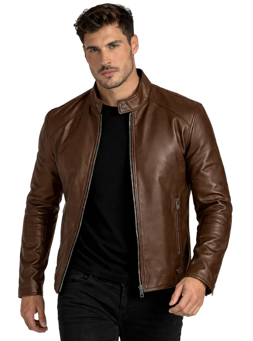 Man wearing a brown leather jacket on a white background