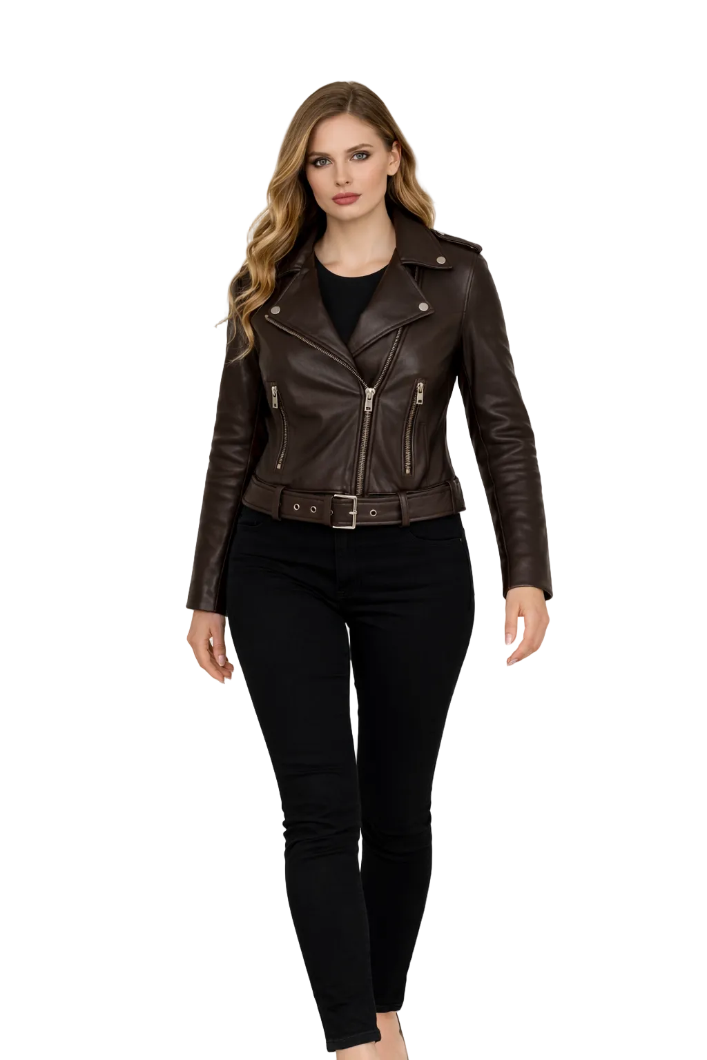 Woman wearing a brown leather jacket on a white background