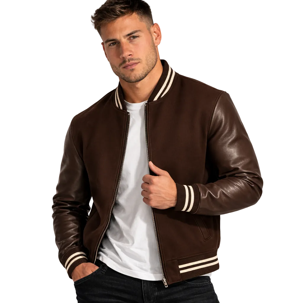 Man wearing a brown leather jacket with white trim on a white background