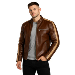 Man wearing a brown leather jacket with beige accents on a white background
