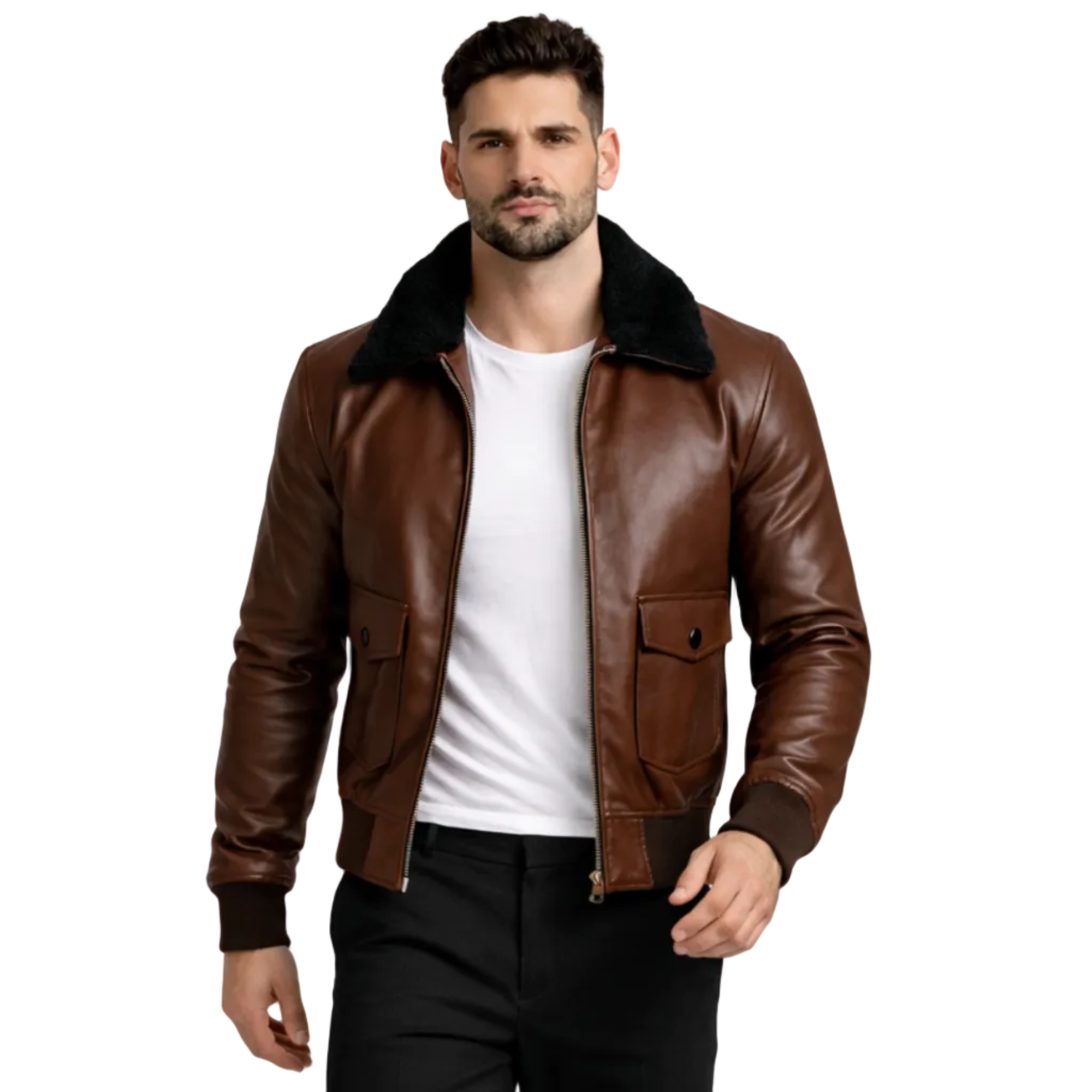 Man wearing a brown leather jacket, white shirt, black pants, and black shoes on a white background